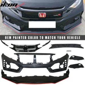 2016-2021 Honda Civic Type-R Style Front Bumper & Lip Gloss Black Red
